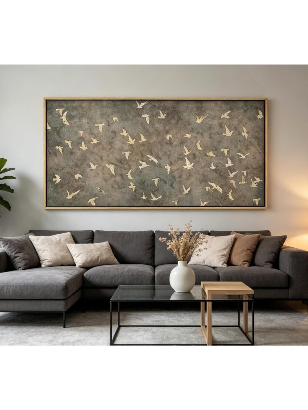 Large Wood Framed Bird Wall Art, Vintage Flying Birds Canvas Print, Rustic Decor
